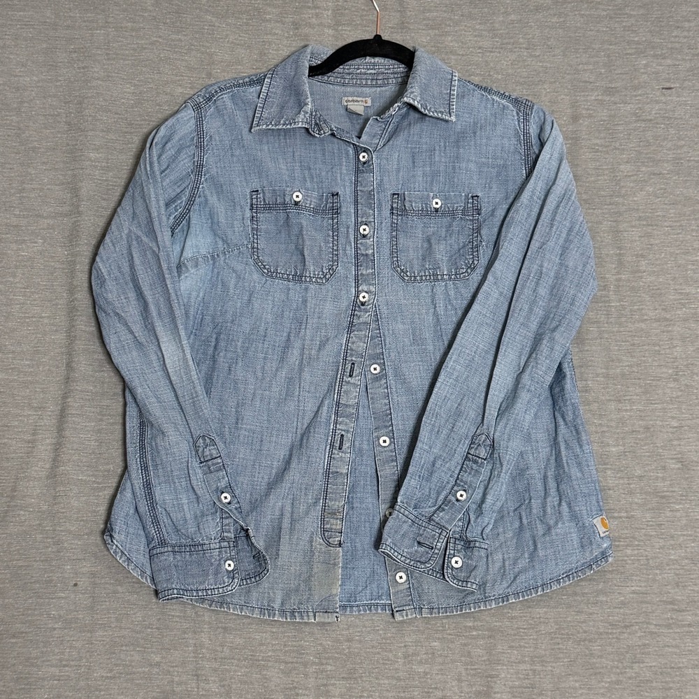 Carhartt Womens Blue Chambray Long Sleeve Button Down Work Shirt Size S Small